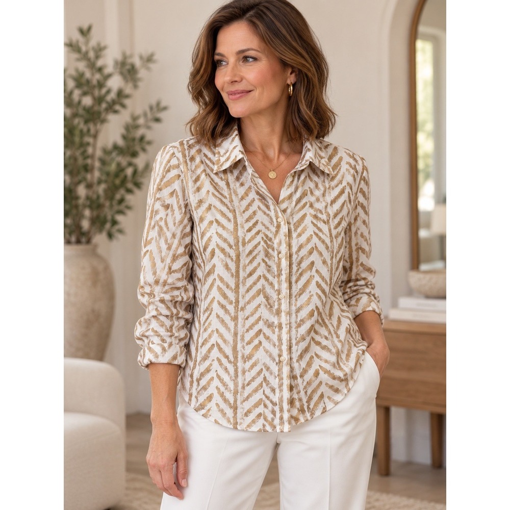 Ralph Lauren 100% Linen Button Down Top Med gold metallic luxury old money chic
